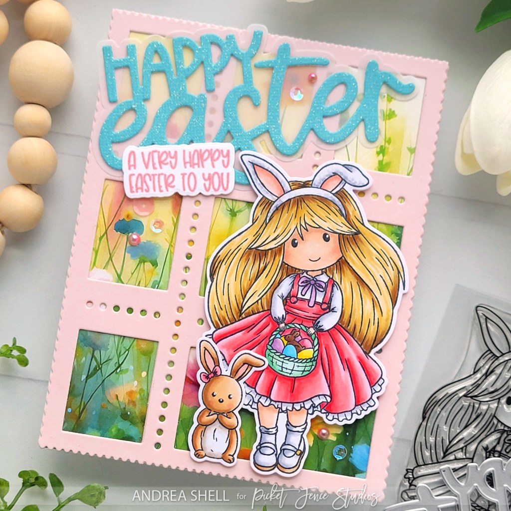 Happy Easter card by Andrea Shell | Freckle Friends: Hoppy Poppy stamp by Picket Fence Studios