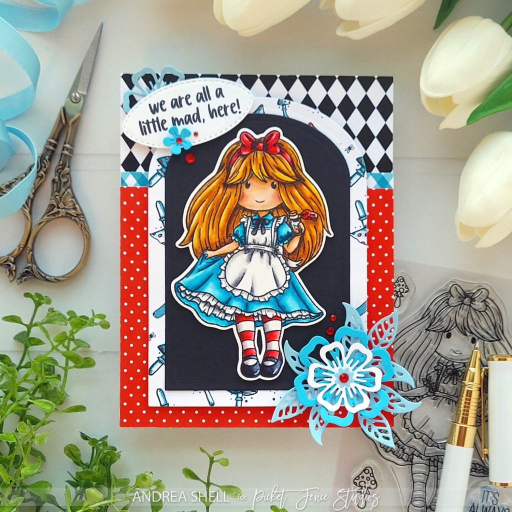 A Little Mad Here Alice-inspired card by Andrea Shell | Freckle Friends: Astonishing Alice stamp by Picket Fence Studios