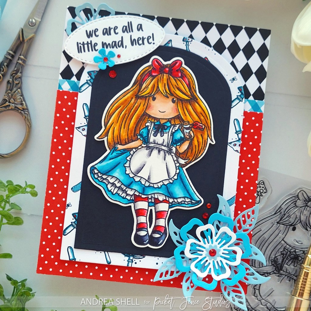 A Little Mad Here Alice-inspired card by Andrea Shell | Freckle Friends: Astonishing Alice stamp by Picket Fence Studios
