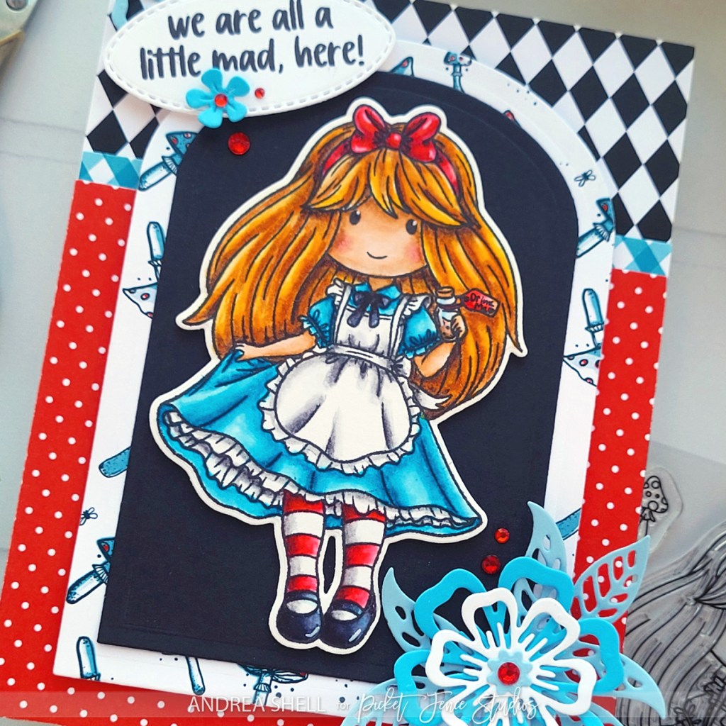 A Little Mad Here Alice-inspired card by Andrea Shell | Freckle Friends: Astonishing Alice stamp by Picket Fence Studios