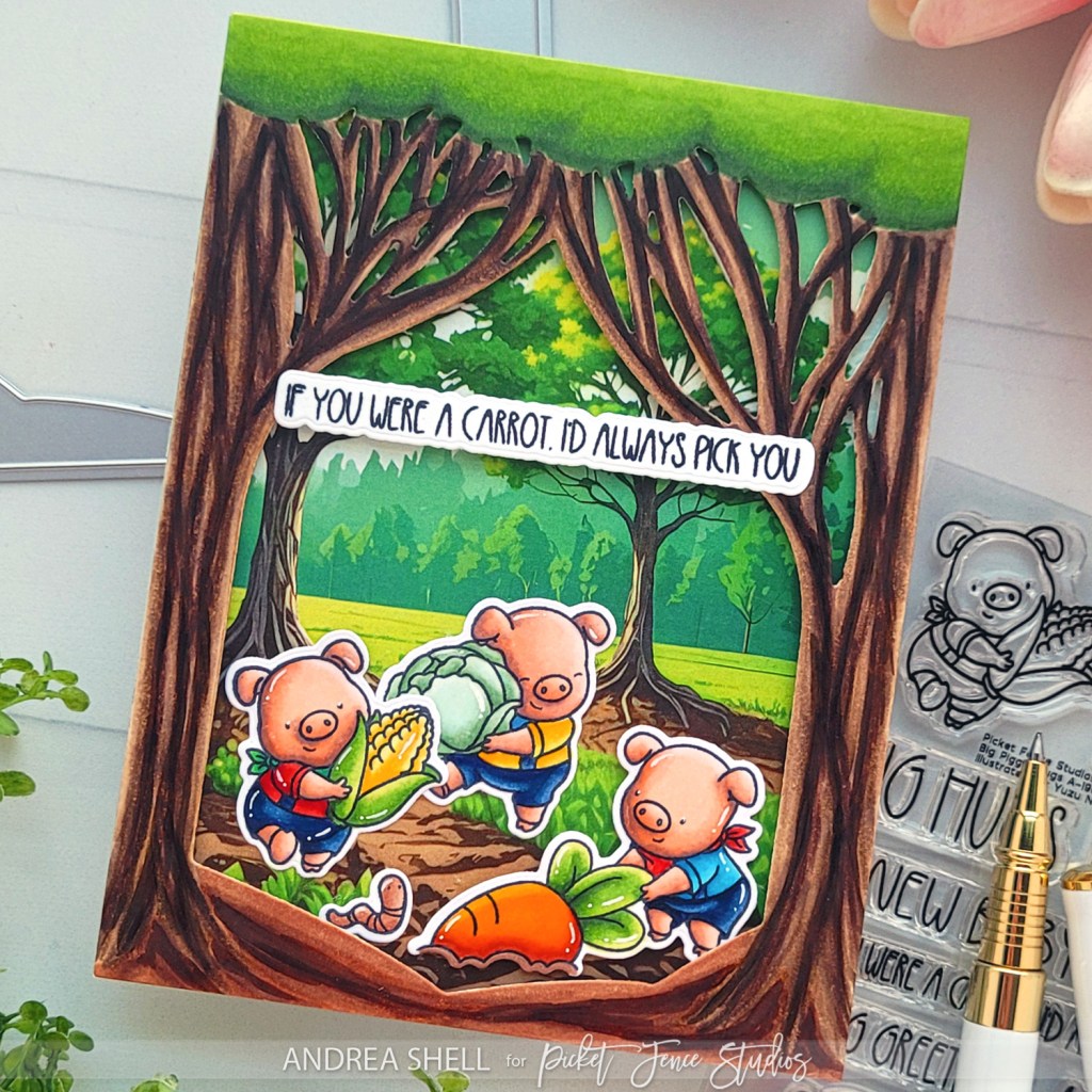 Gardening Piggies card by Andrea Shell | Big Piggie Hugs stamp by Picket Fence Studios