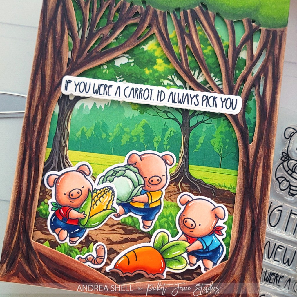 Gardening Piggies card by Andrea Shell | Big Piggie Hugs stamp by Picket Fence Studios