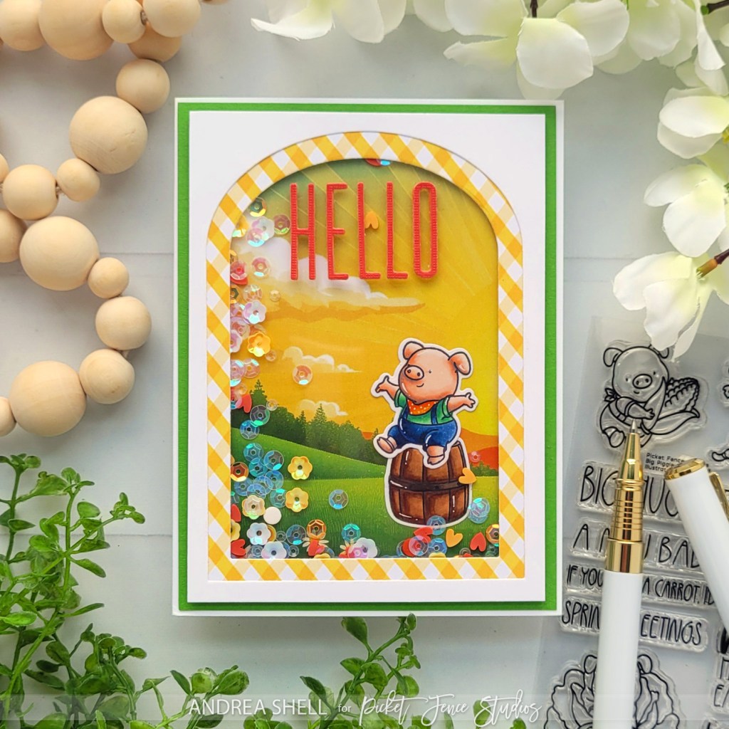Hello Piggie shaker card by Andrea Shell | Big Piggie Hugs stamp by Picket Fence Studios