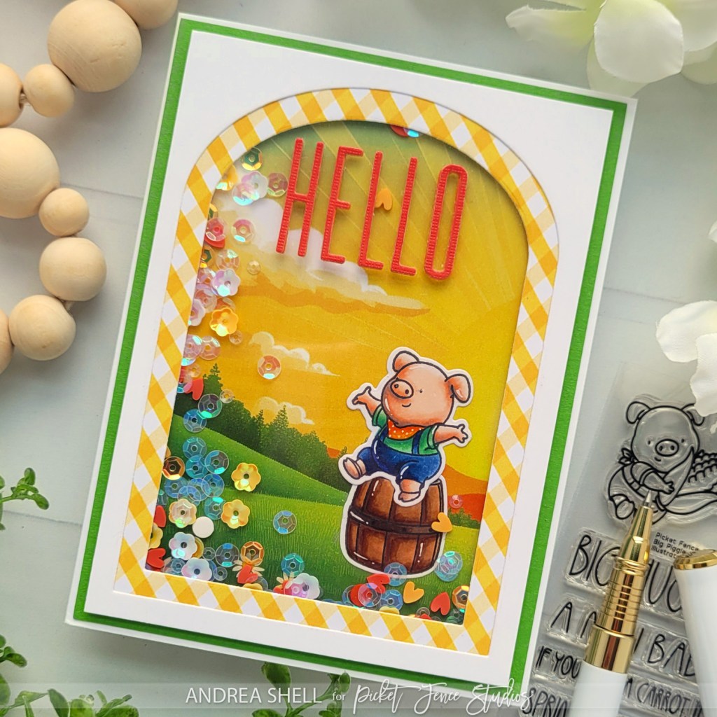 Hello Piggie shaker card by Andrea Shell | Big Piggie Hugs stamp by Picket Fence Studios