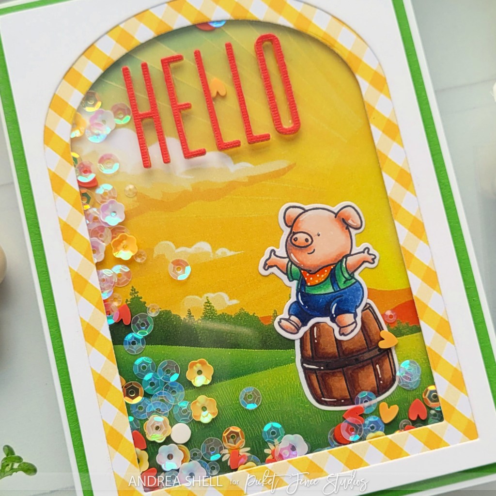 Hello Piggie shaker card by Andrea Shell | Big Piggie Hugs stamp by Picket Fence Studios