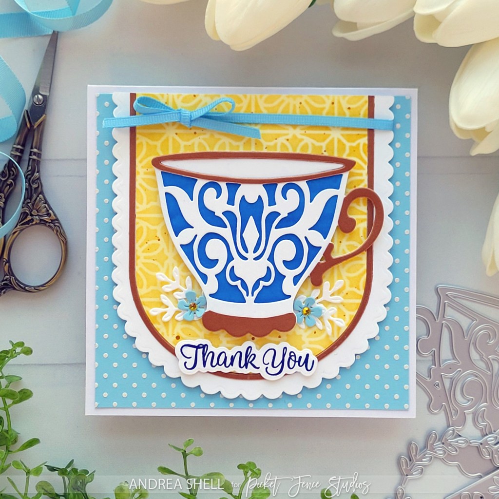Elegant Tea Cup Thank You card by Andrea Shell | Dainty Coffee Cup Dies by Picket Fence Studios