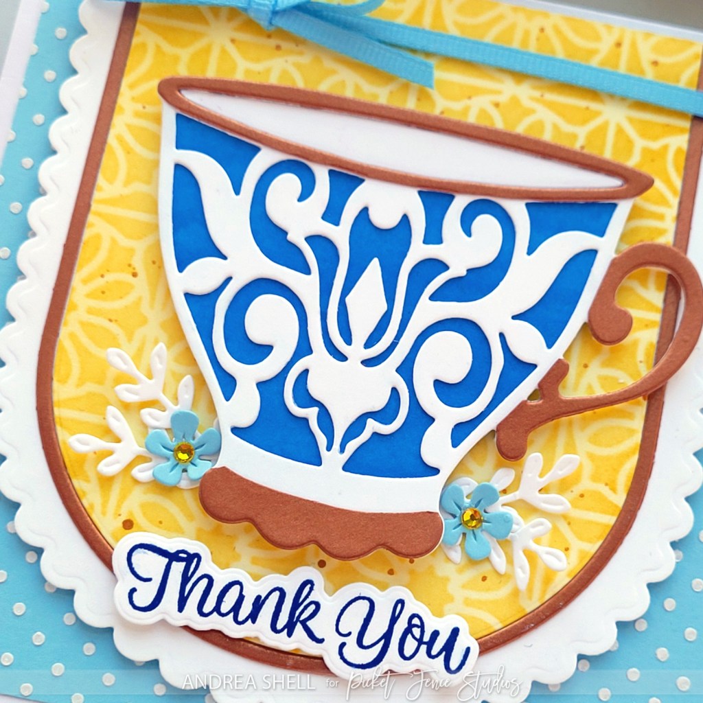 Elegant Tea Cup Thank You card by Andrea Shell | Dainty Coffee Cup Dies by Picket Fence Studios