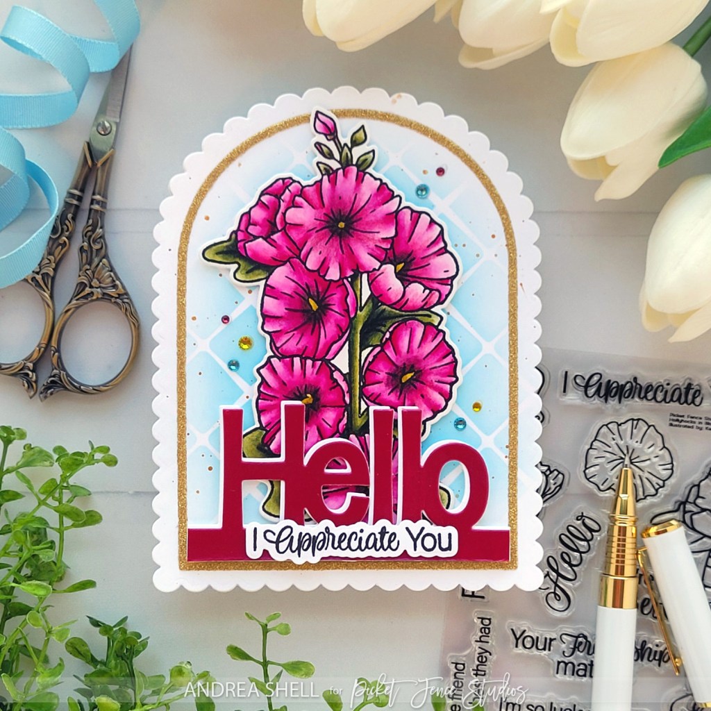 Hello Hollyhocks card by Andrea Shell | Hollyhocks in Bloom stamp by Picket Fence Studios