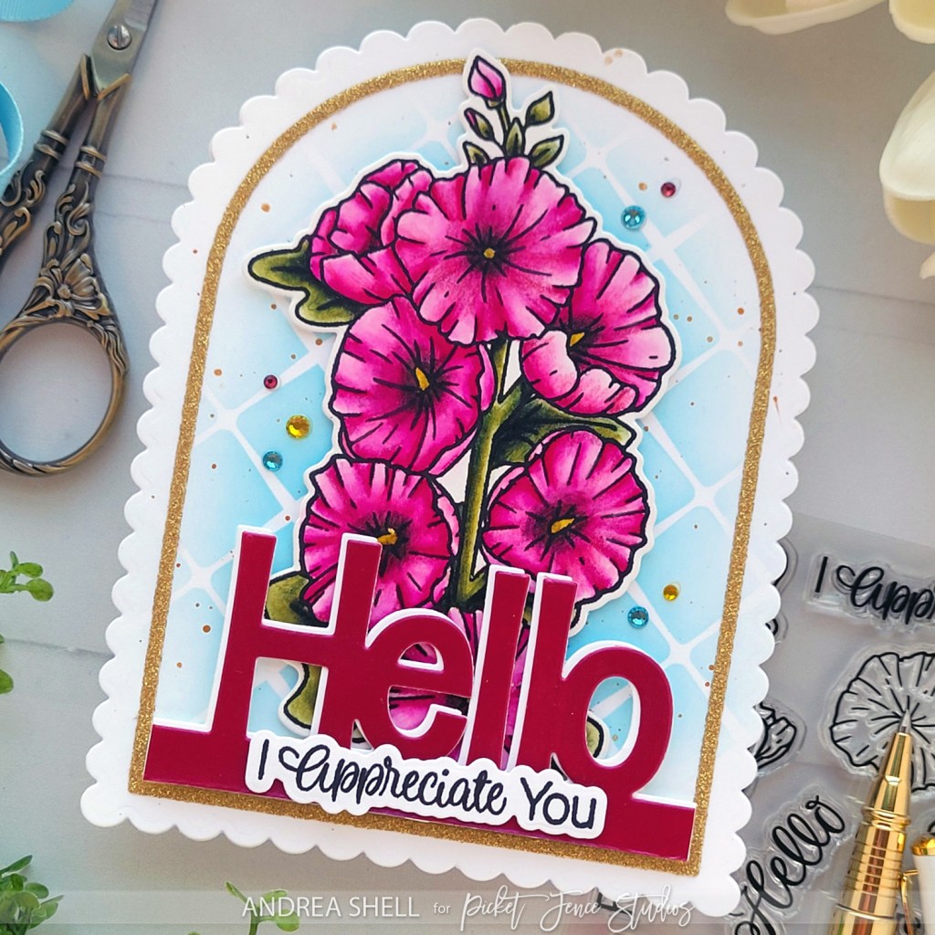Hello Hollyhocks card by Andrea Shell | Hollyhocks in Bloom stamp by Picket Fence Studios