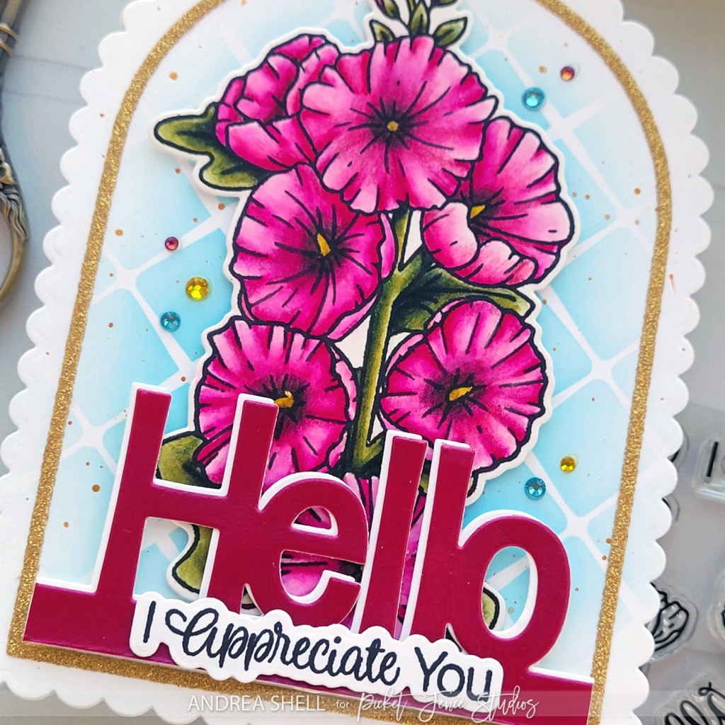 Hello Hollyhocks card by Andrea Shell | Hollyhocks in Bloom stamp by Picket Fence Studios