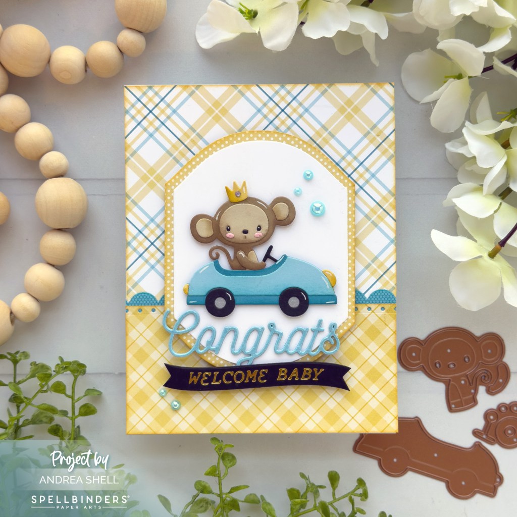 Congrats Baby card by Andrea Shell | Go Kart Go Dies by Spellbinders