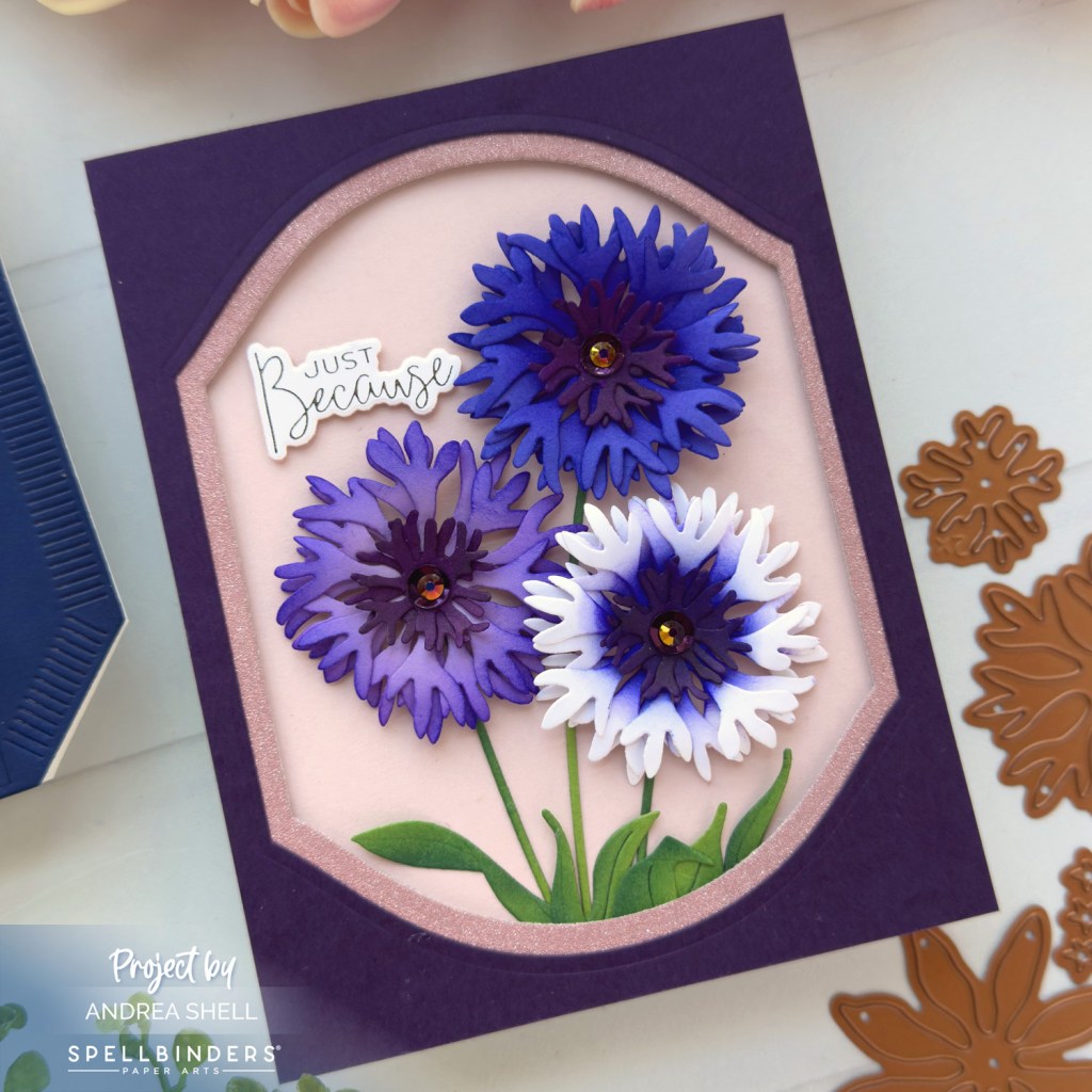 Purple Floral Just Because card by Andrea Shell | Bachelor Button Diesby Spellbinders