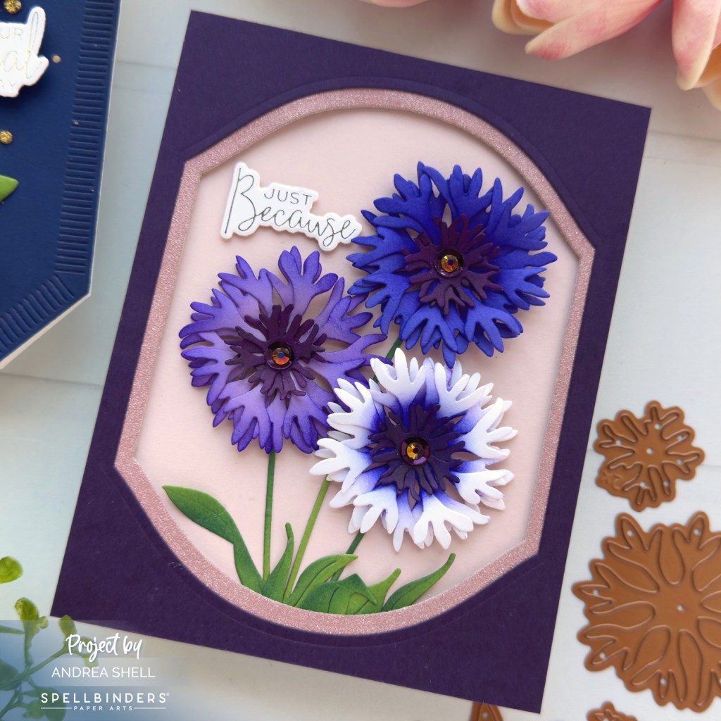 Purple Floral Just Because card by Andrea Shell | Bachelor Button Diesby Spellbinders