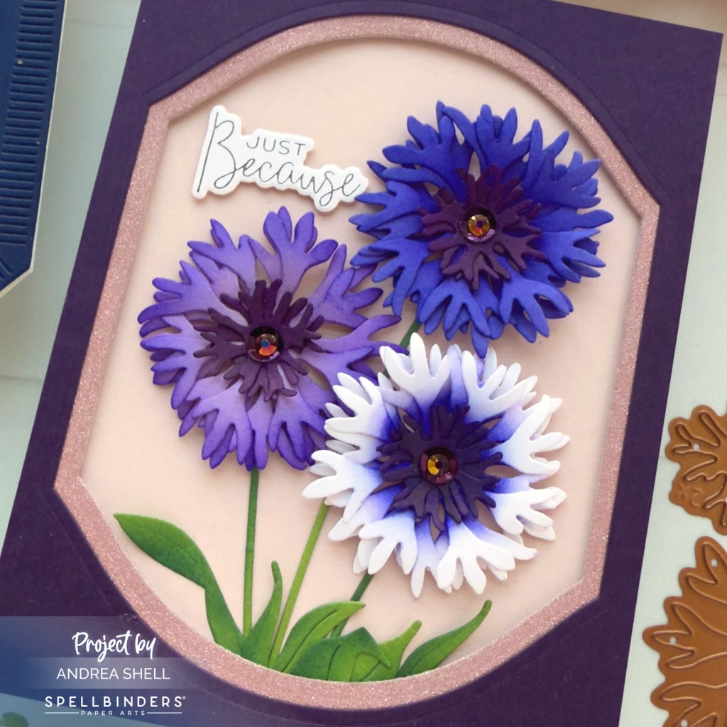 Purple Floral Just Because card by Andrea Shell | Bachelor Button Diesby Spellbinders