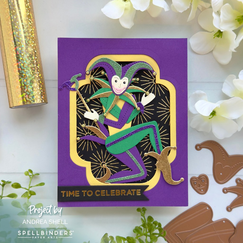 Mardi Gras Jester card by Andrea Shell | Wild Joker Dies by Spellbinders
