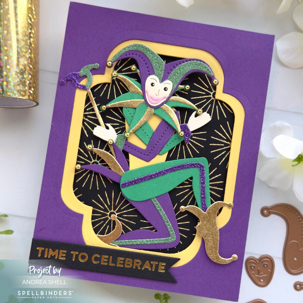 Mardi Gras Jester card by Andrea Shell | Wild Joker Dies by Spellbinders