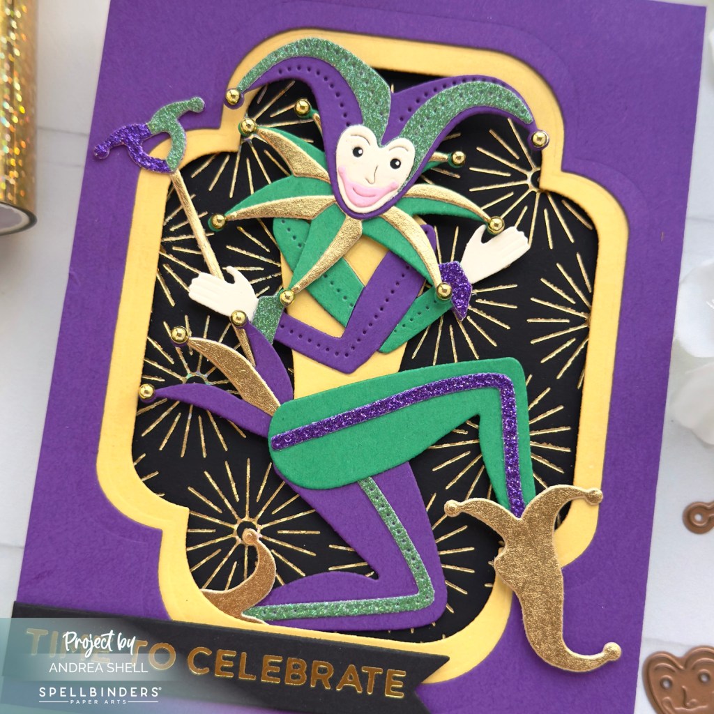 Mardi Gras Jester card by Andrea Shell | Wild Joker Dies by Spellbinders