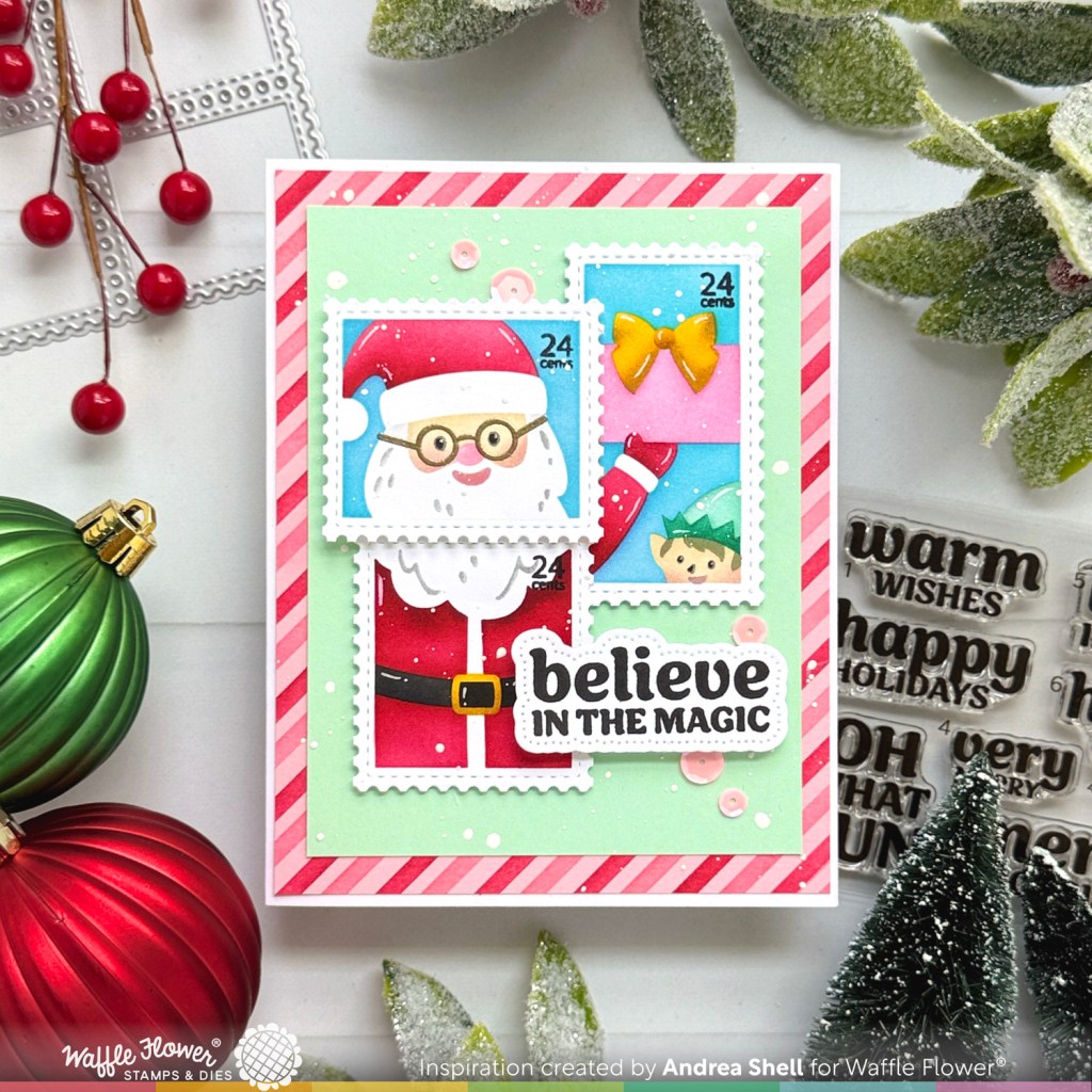 Believe in the Magic Postage Santa card by Andrea Shell | Postage Collage Dear Santa Stencil by Waffle Flower Crafts