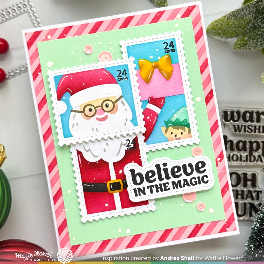 Believe in the Magic Postage Santa card by Andrea Shell | Postage Collage Dear Santa Stencil by Waffle Flower Crafts