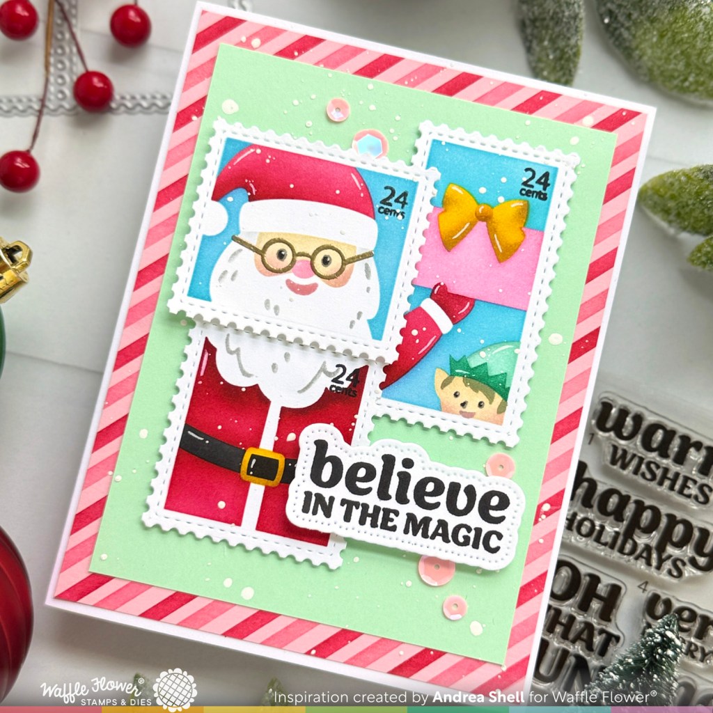 Believe in the Magic Postage Santa card by Andrea Shell | Postage Collage Dear Santa Stencil by Waffle Flower Crafts