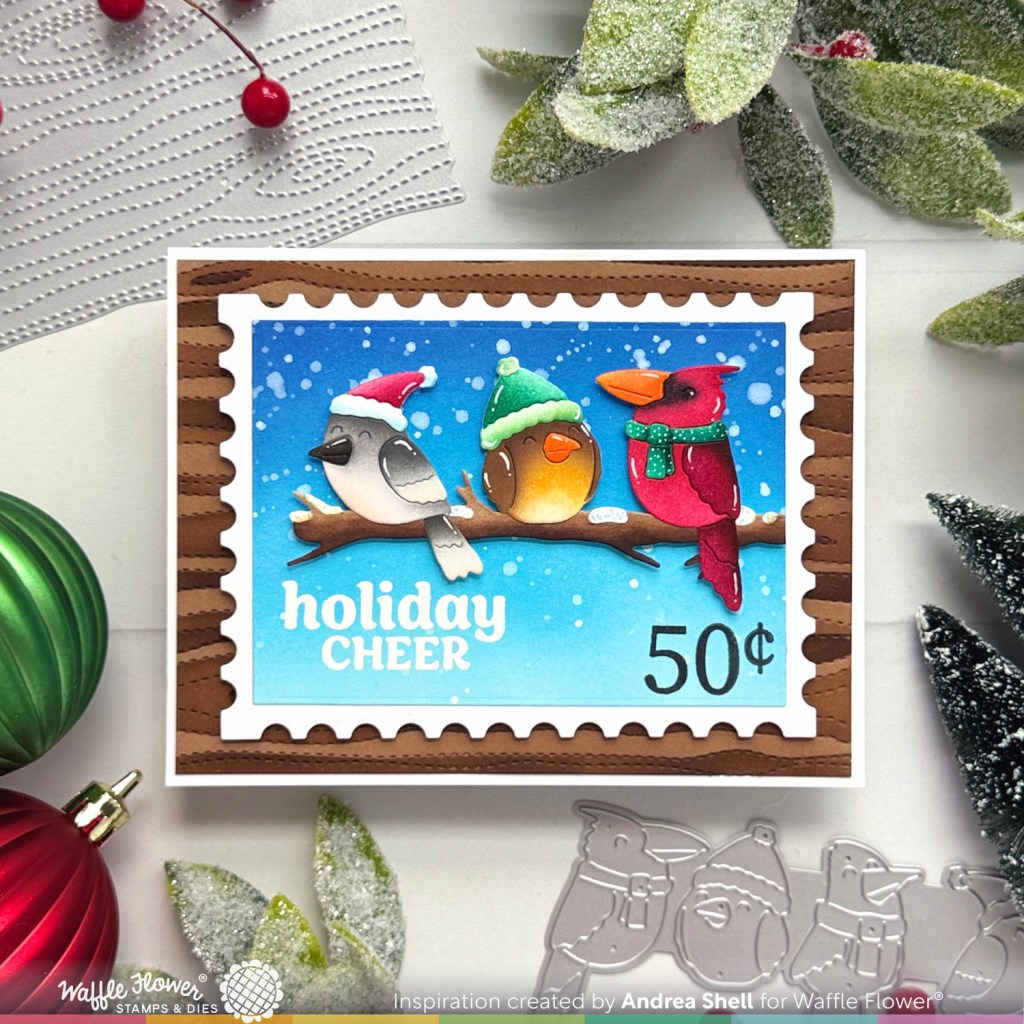 Birdie Friends Holiday Cheer card by Andrea Shell | Birdie Friends in Winter Die by Waffle Flower Crafts