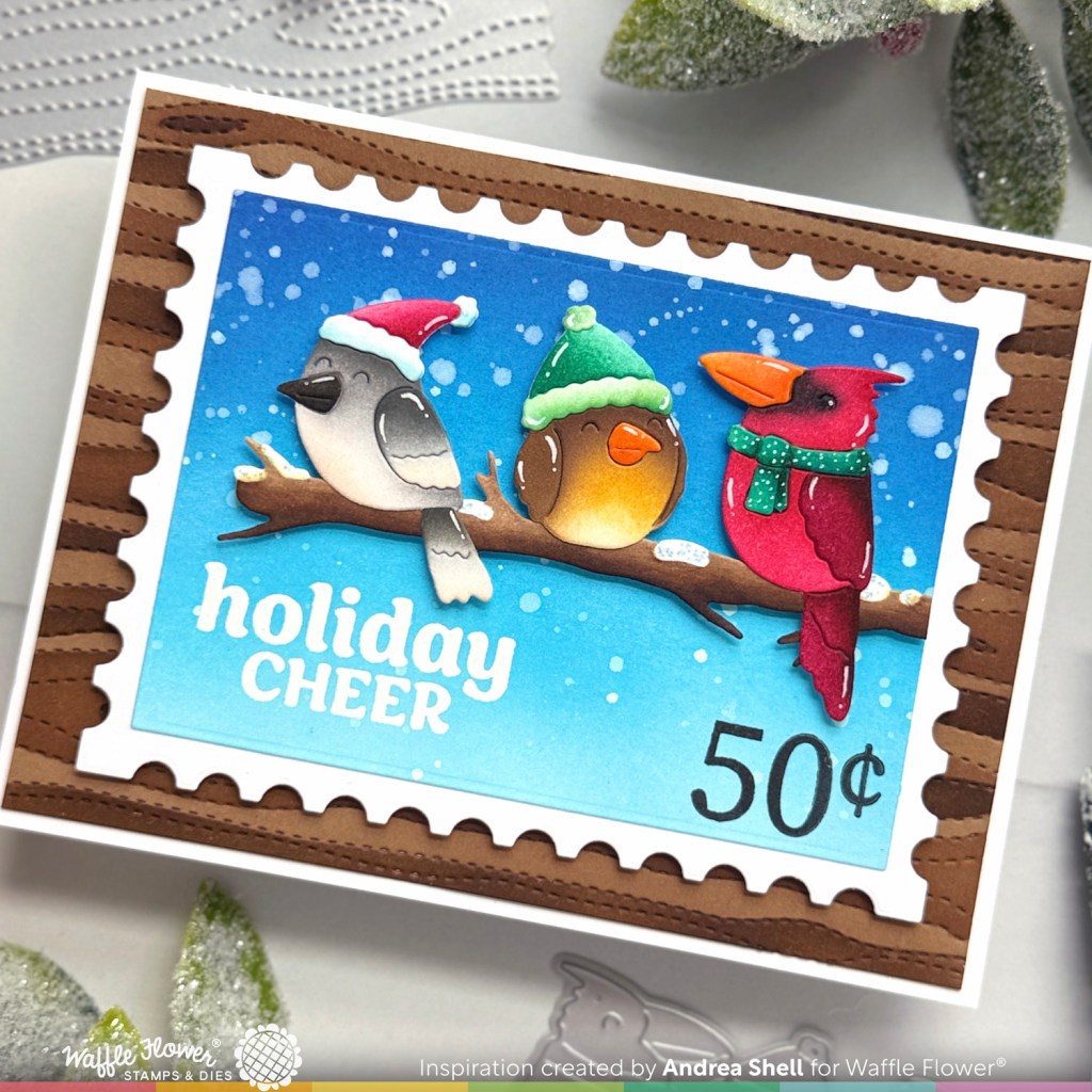 Birdie Friends Holiday Cheer card by Andrea Shell | Birdie Friends in Winter Die by Waffle Flower Crafts