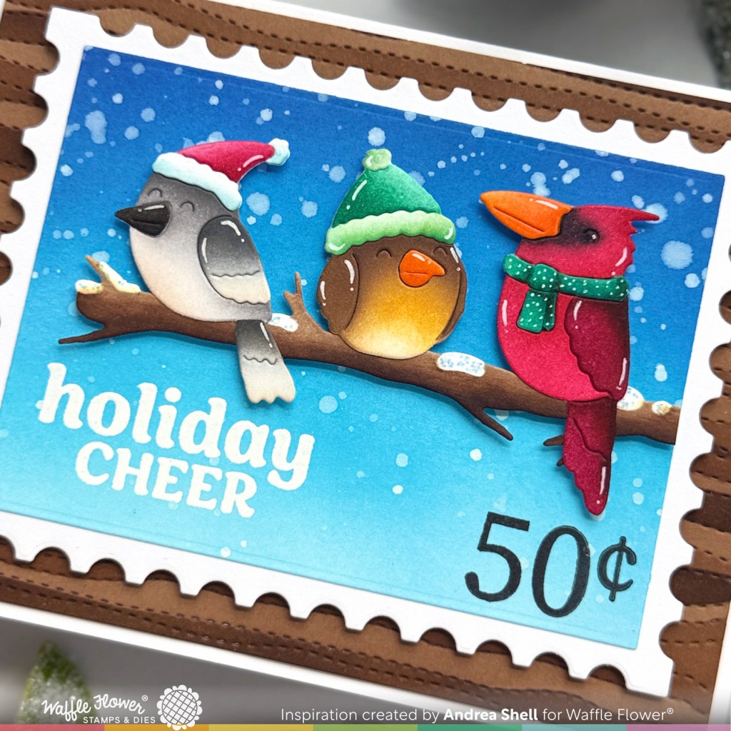 Birdie Friends Holiday Cheer card by Andrea Shell | Birdie Friends in Winter Die by Waffle Flower Crafts