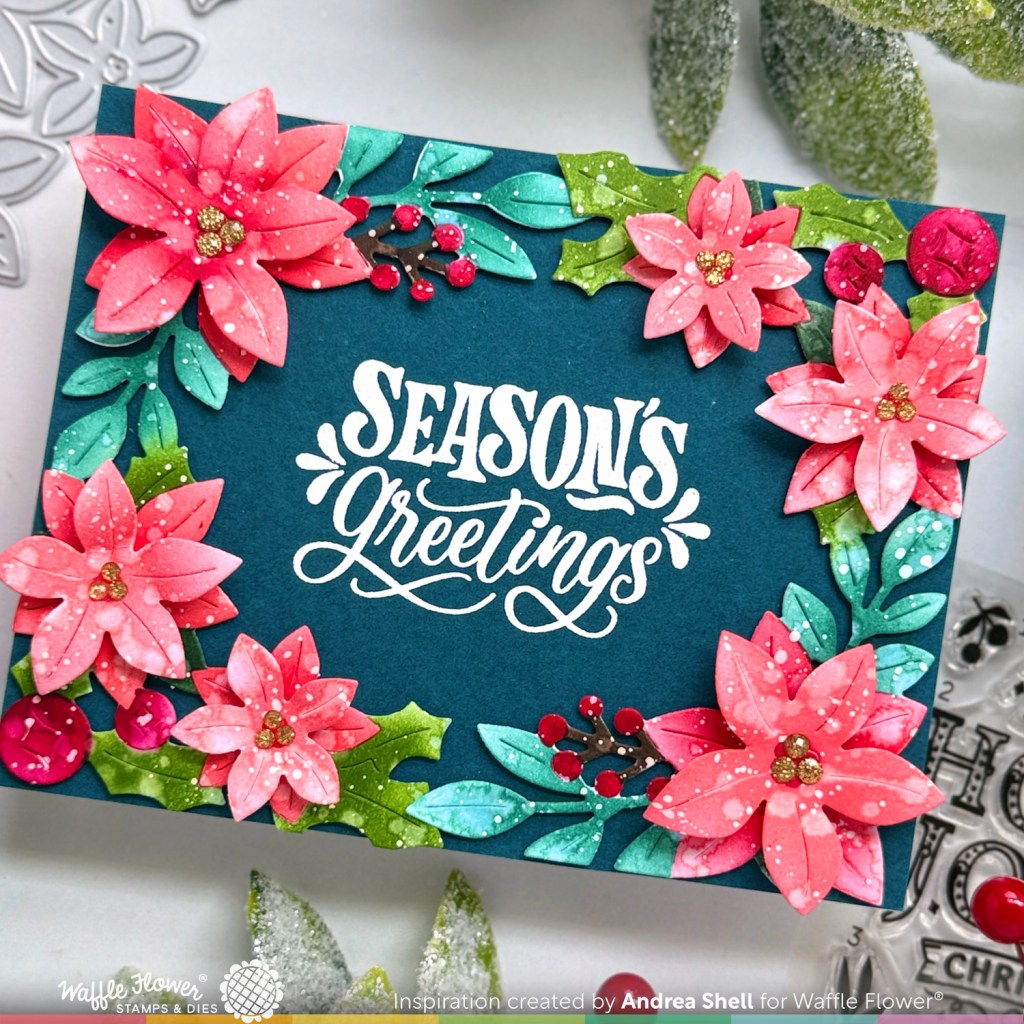 Poinsettia Framed Season's Greetings card by Andrea Shell | Poinsettia Frame Die by Waffle Flower Crafts