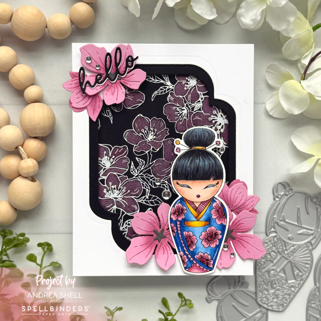 Kokeshi Doll with Cherry Blossoms card by Andrea Shell | Kokeshi Dolls BetterPress Plate by Spellbinders