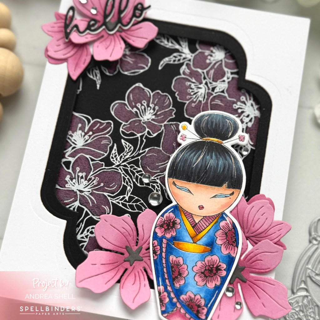 Kokeshi Doll with Cherry Blossoms card by Andrea Shell | Kokeshi Dolls BetterPress Plate by Spellbinders