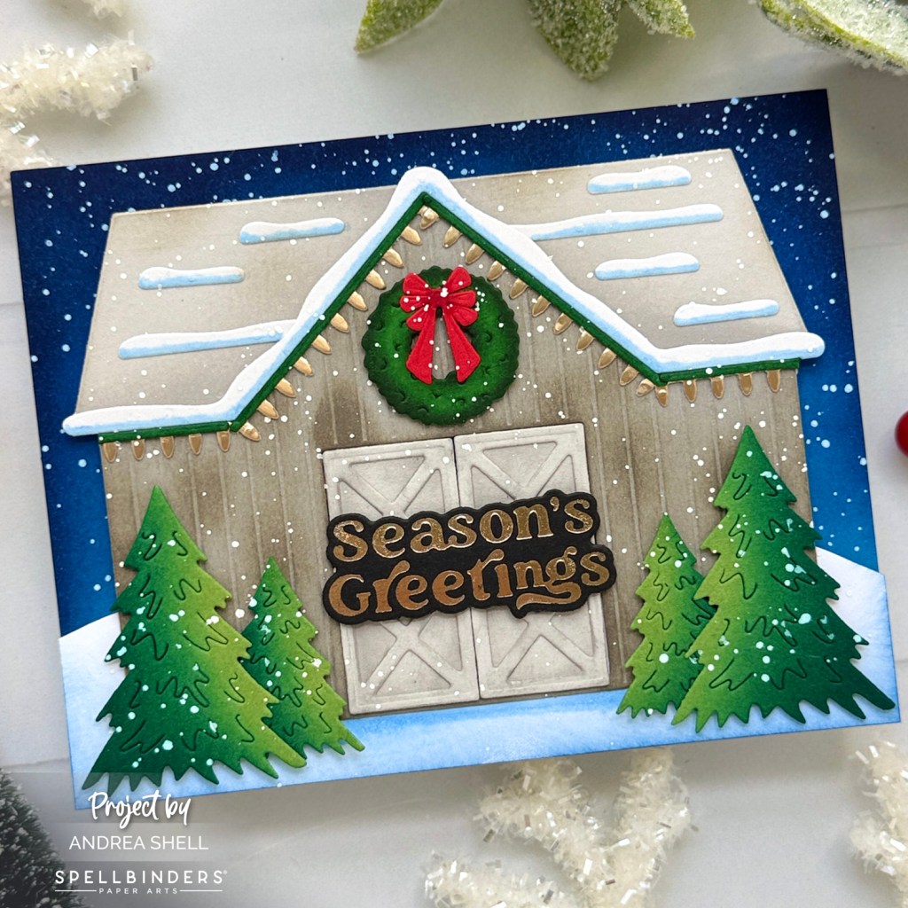 Season's Greetings Barn card by Andrea Shell | Country Christmas Barn Dies by Spellbinders