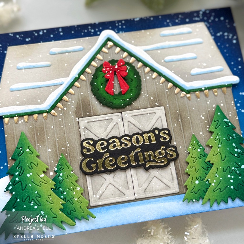 Season's Greetings Barn card by Andrea Shell | Country Christmas Barn Dies by Spellbinders