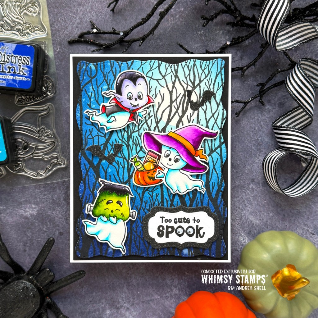 Too Cute to Spook ghost card by Andrea Shell | Ghost Party stamp by Whimsy Stamps