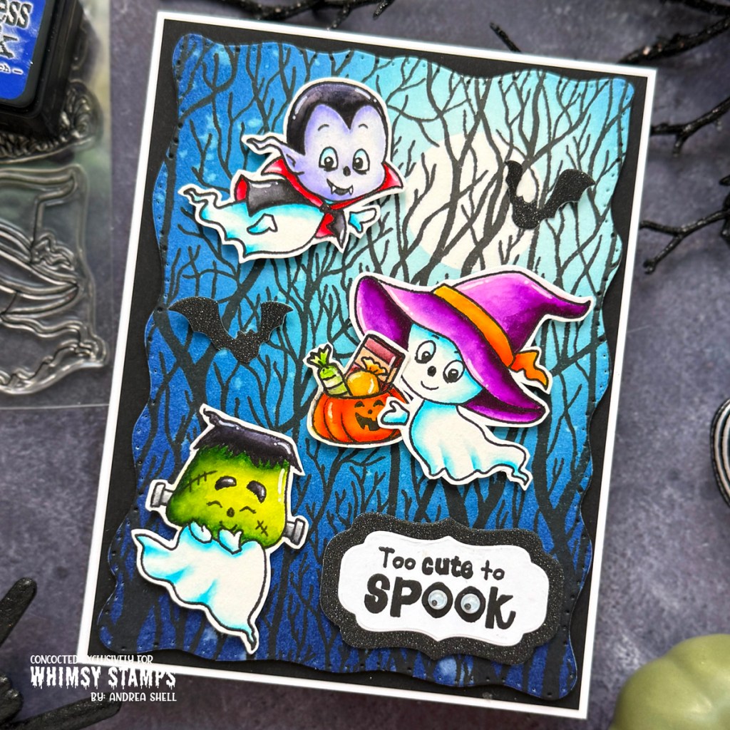 Too Cute to Spook ghost card by Andrea Shell | Ghost Party stamp by Whimsy Stamps