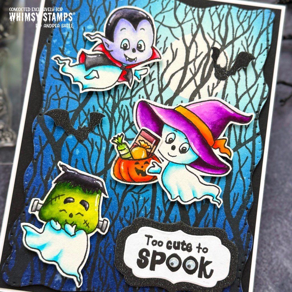Too Cute to Spook ghost card by Andrea Shell | Ghost Party stamp by Whimsy Stamps