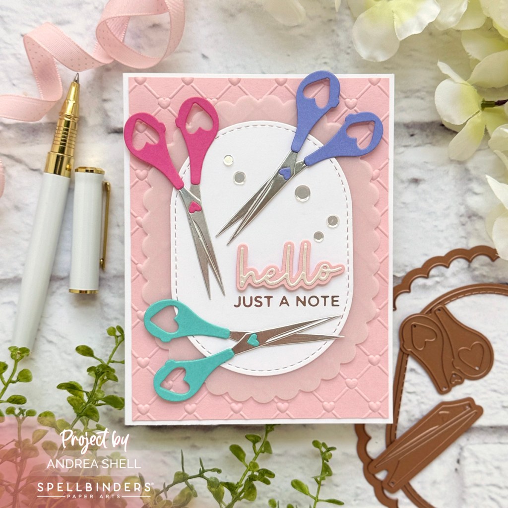 Hello card with trio of scissors by Andrea Shell | Sharon's Scissors Dies by Spellbinders