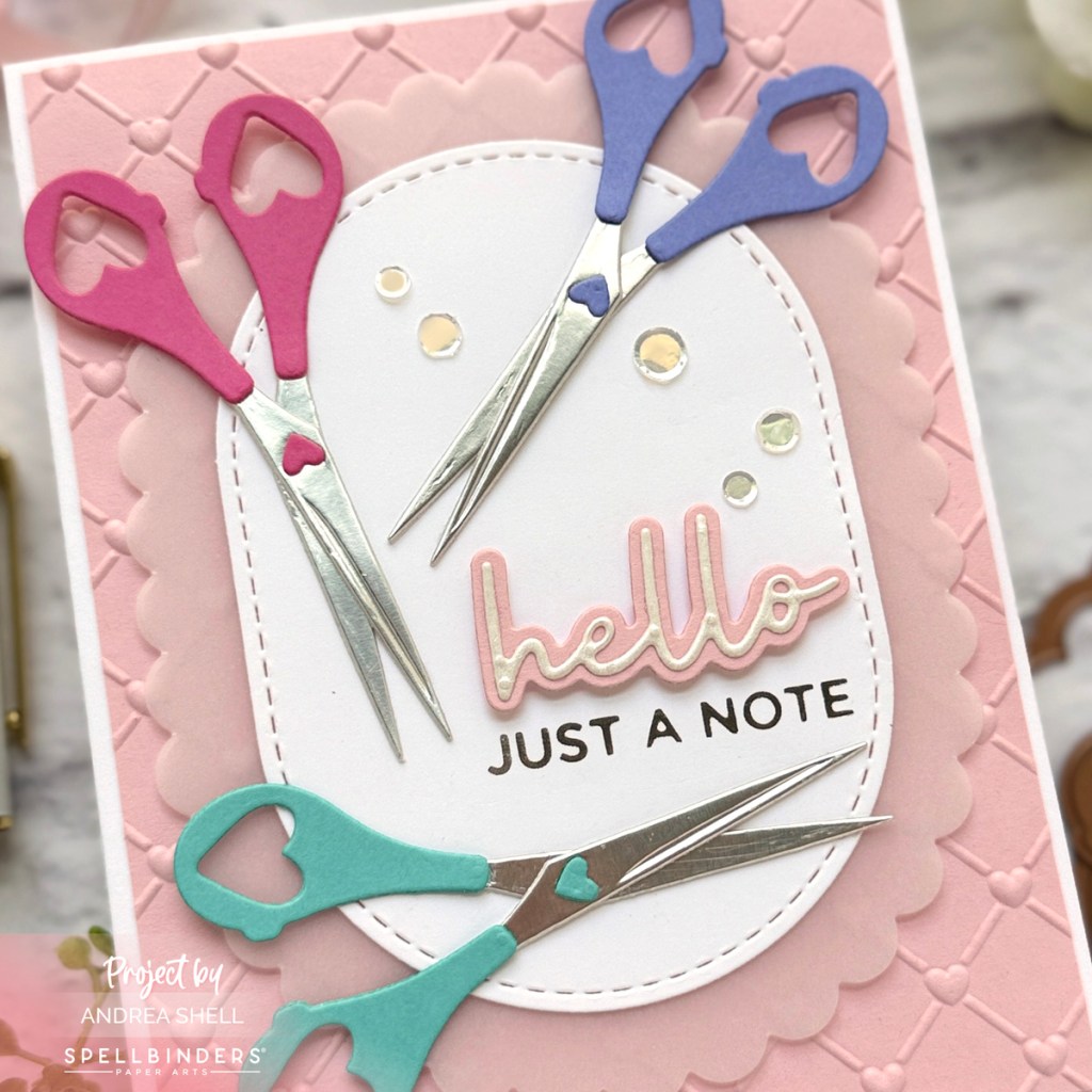 Hello card with trio of scissors by Andrea Shell | Sharon's Scissors Dies by Spellbinders