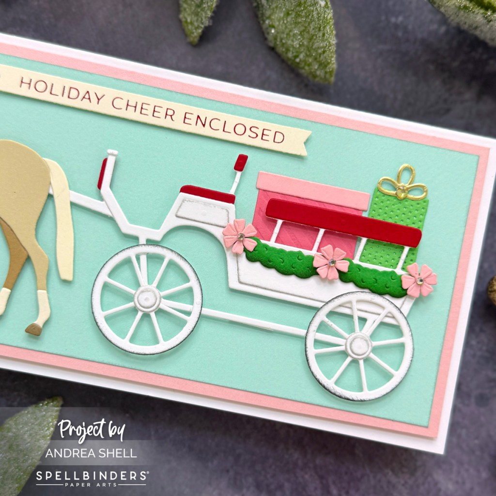 Holiday Cheer Slimline card by Andrea Shell | Christmas Horse-Drawn Wagon Dies by Spellbinders