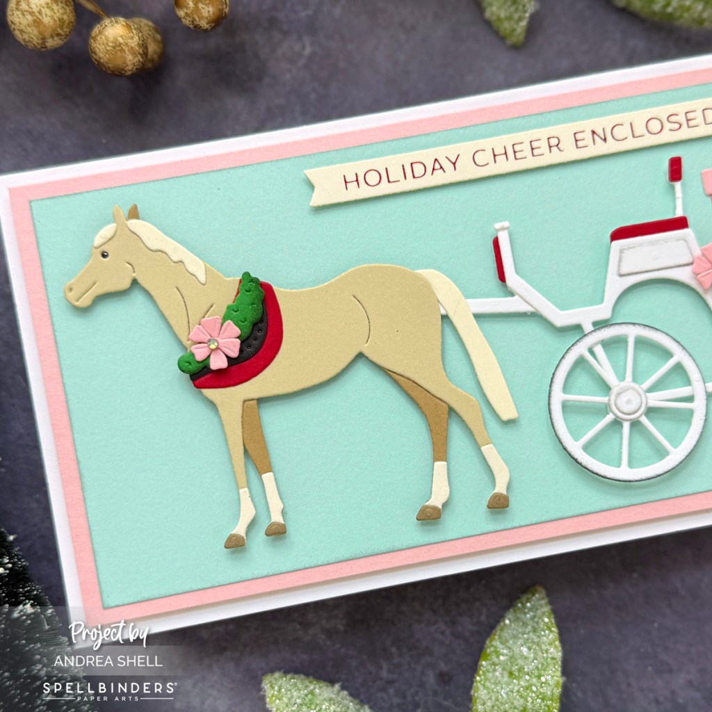 Holiday Cheer Slimline card by Andrea Shell | Christmas Horse-Drawn Wagon Dies by Spellbinders