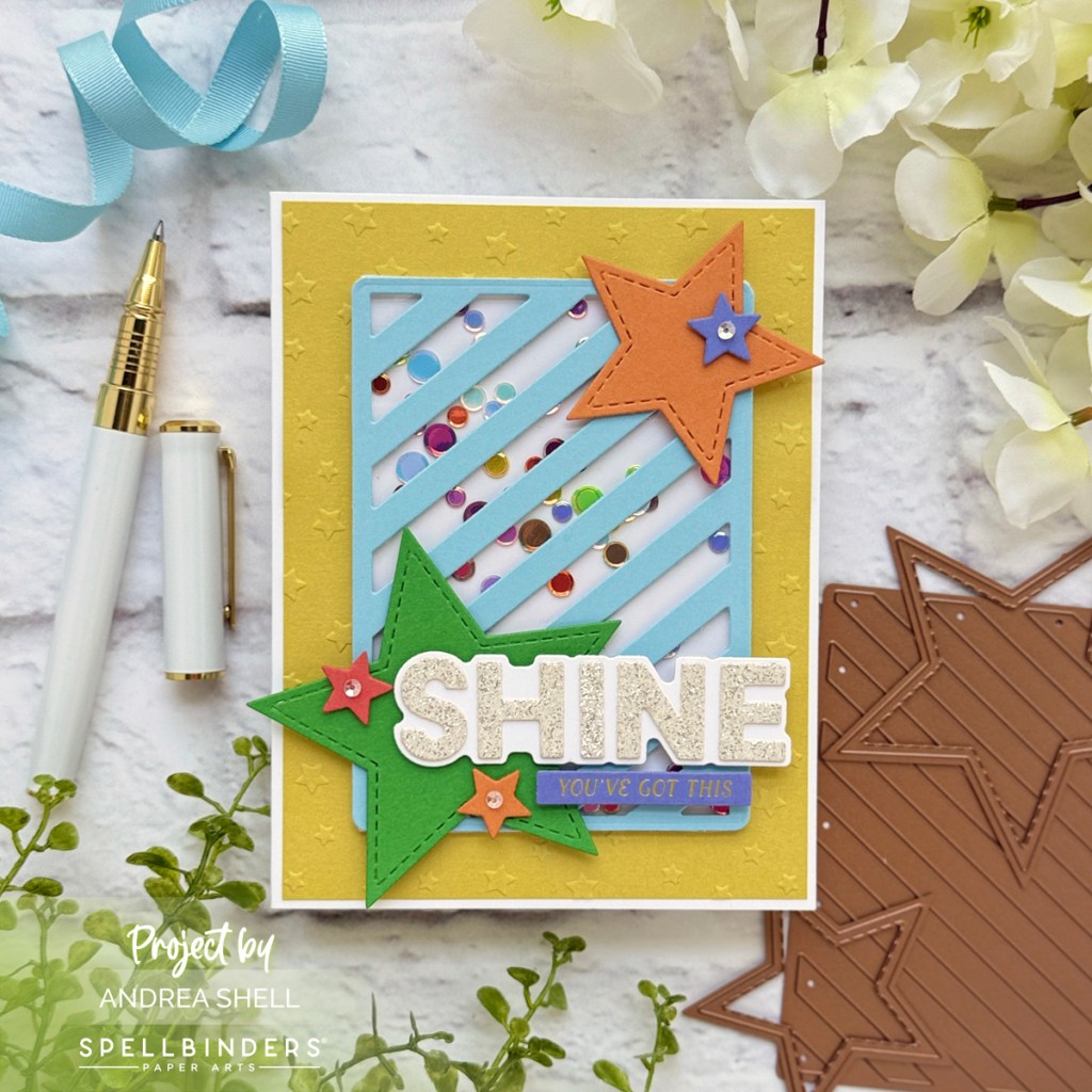 Starry Shine Shaker card by Andrea Shell | Lots of Stripes Dies by Spellbinders