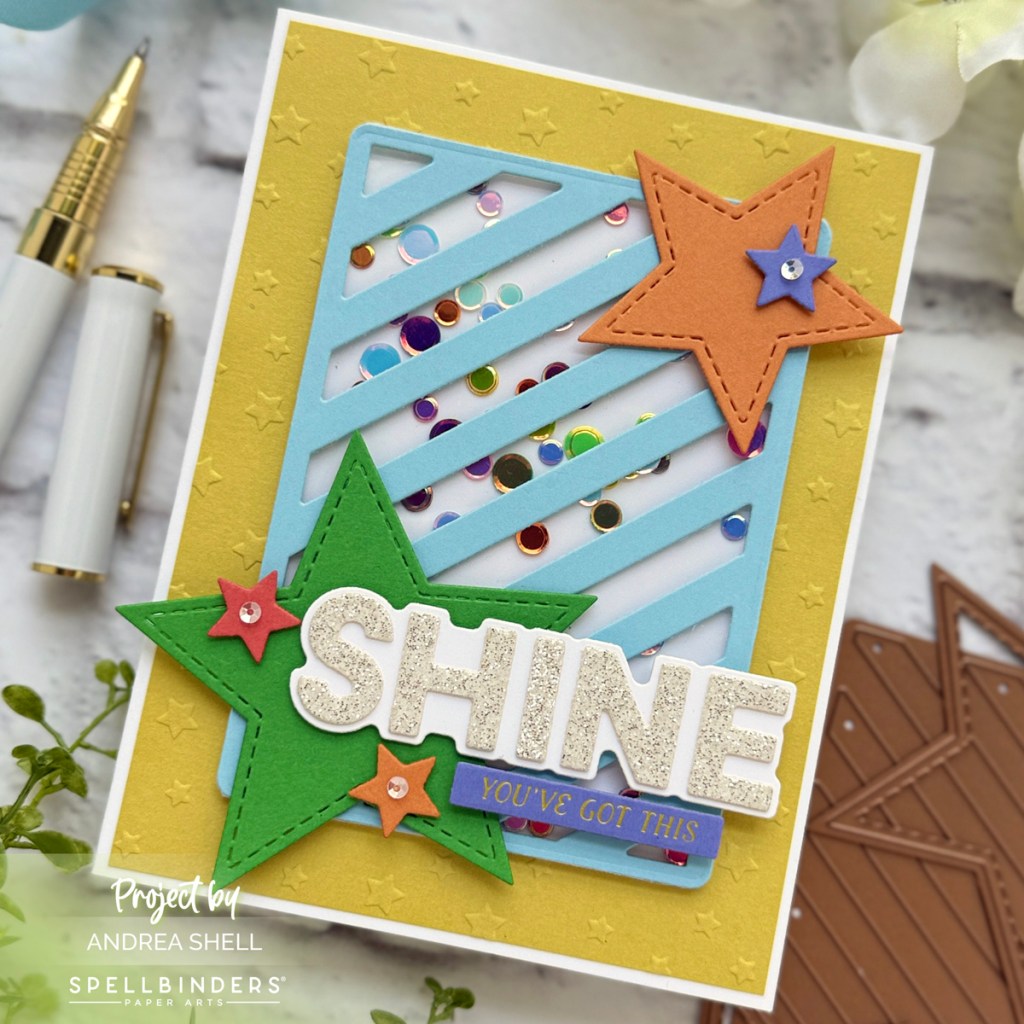 Starry Shine Shaker card by Andrea Shell | Lots of Stripes Dies by Spellbinders