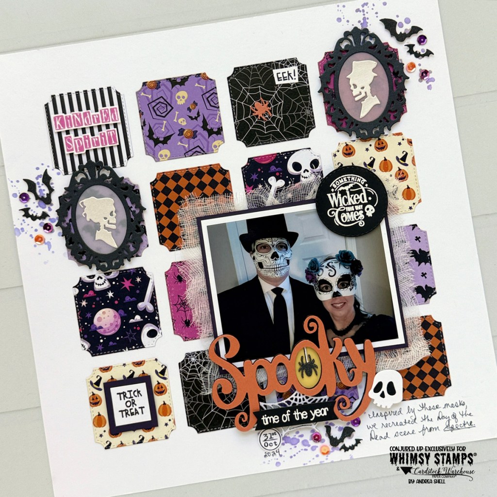 Spooky Halloween Layout by Andrea Shell | Hocus Pocus paper by Whimsy Stamps