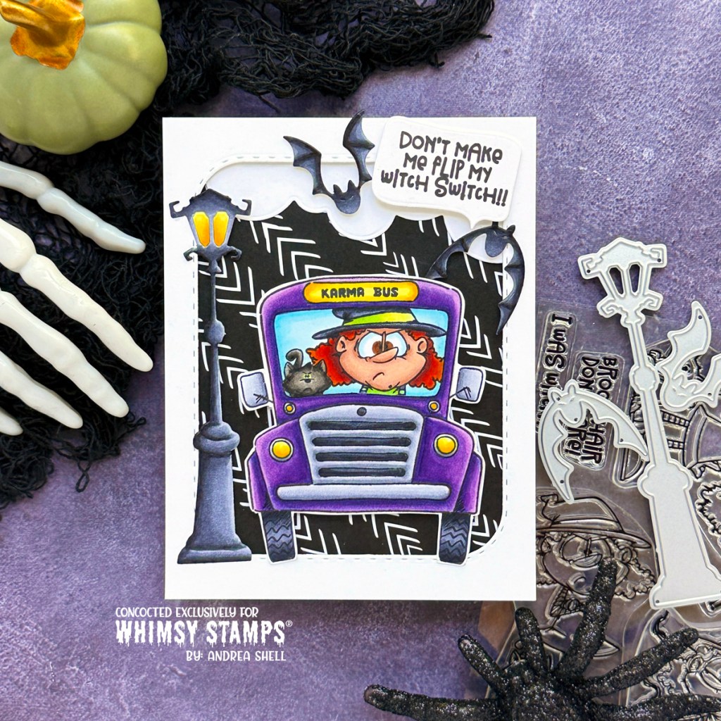 Witch Karma Bus card by Andrea Shell | Karma Bus stamp by Whimsy Stamps
