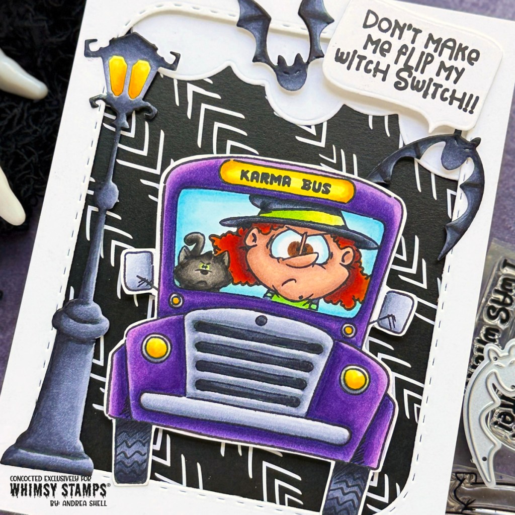 Witch Karma Bus card by Andrea Shell | Karma Bus stamp by Whimsy Stamps
