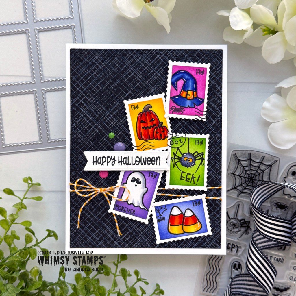 Happy Halloween Postage card by Andrea Shell | Halloween Postage stamp by Whimsy Stamps
