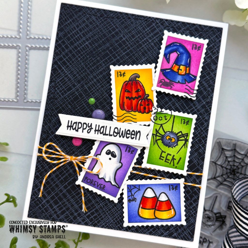 Happy Halloween Postage card by Andrea Shell | Halloween Postage stamp by Whimsy Stamps