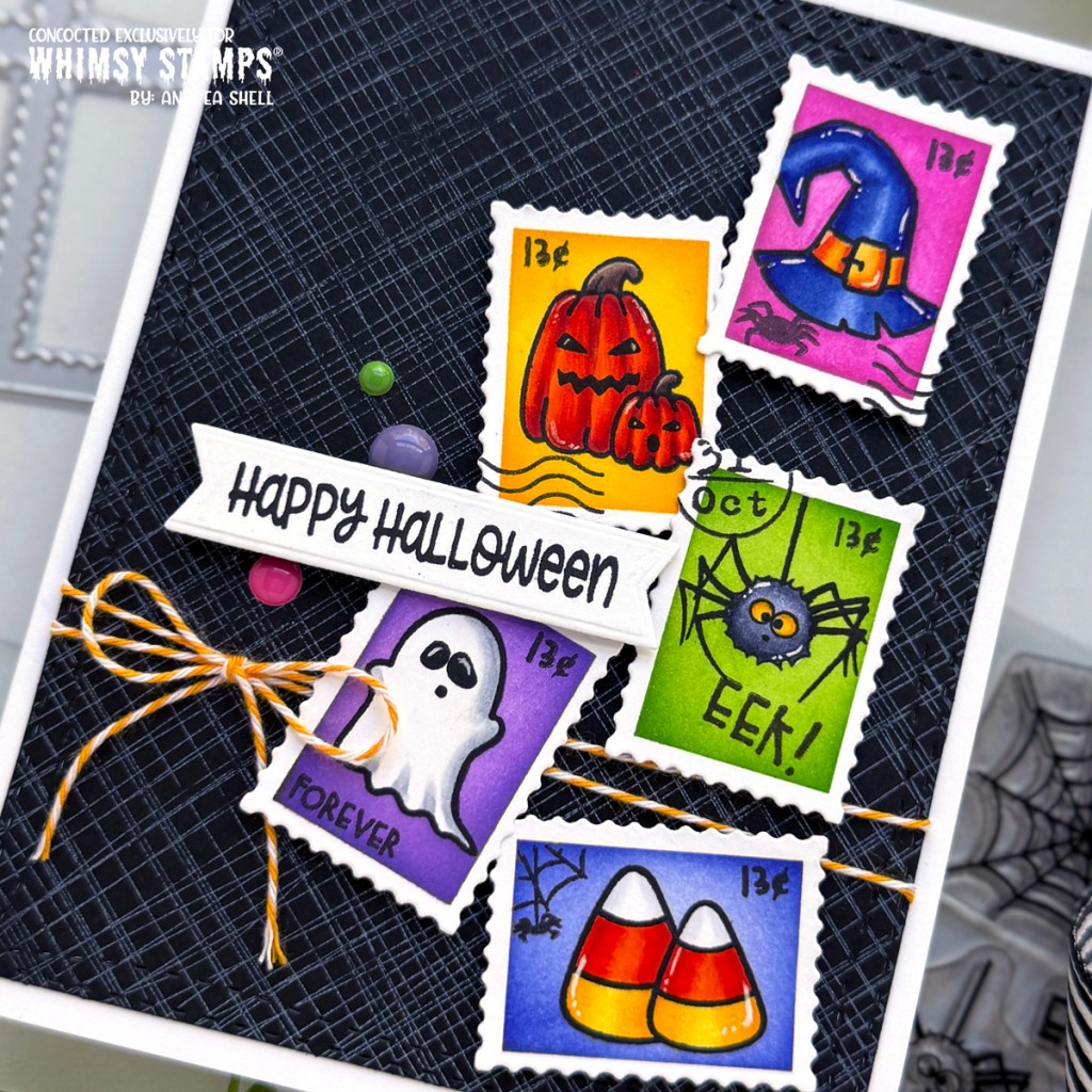 Happy Halloween Postage card by Andrea Shell | Halloween Postage stamp by Whimsy Stamps