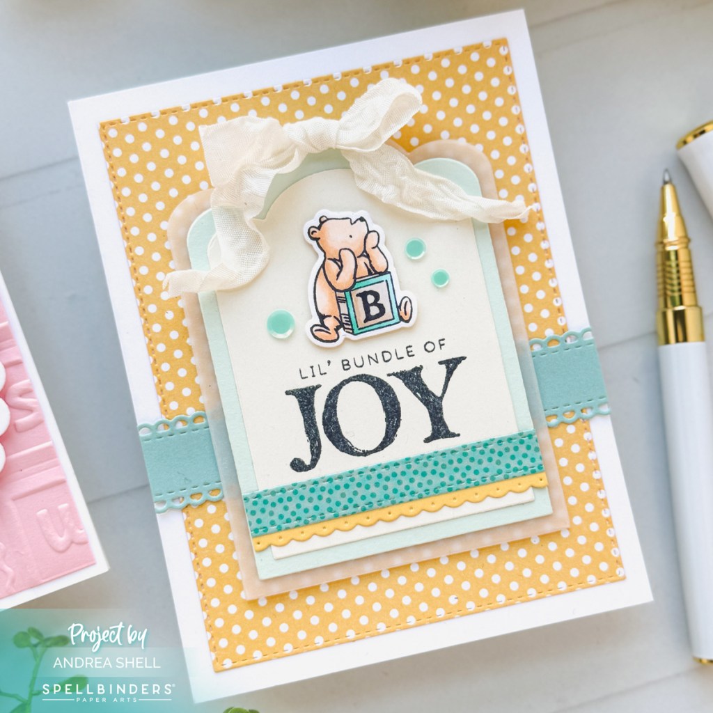 Classic Pooh baby boy card by Andrea Shell | Bundle of Joy stamp by Spellbinders