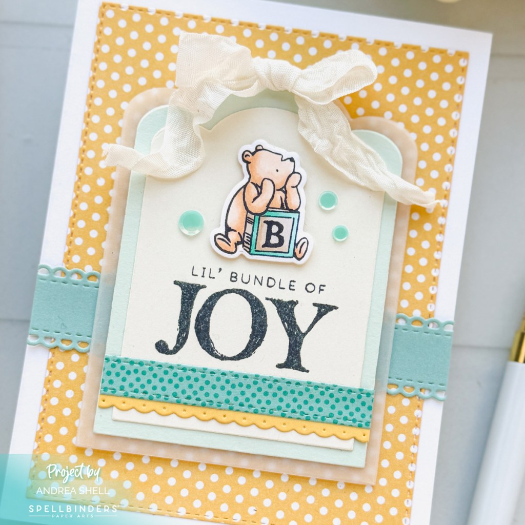 Classic Pooh baby boy card by Andrea Shell | Bundle of Joy stamp by Spellbinders