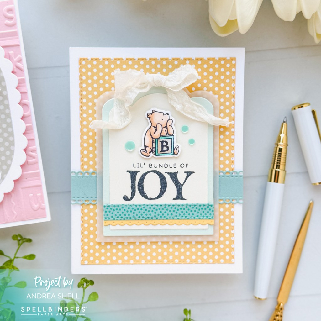 Classic Pooh baby boy card by Andrea Shell | Bundle of Joy stamp by Spellbinders